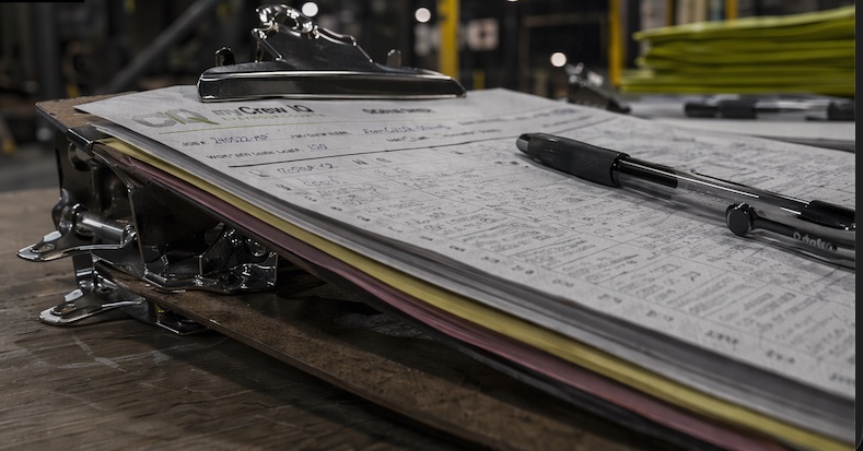 Close-up of a public sample handwritten myCrewIQ crew sign-in sheet on a clipboard with a pen